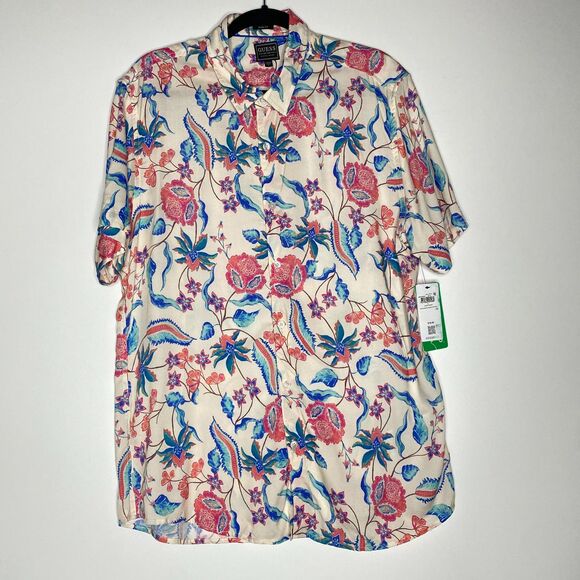 New Guess Slim Fit Floral Tropical Hawaiian Button Down Shirt Men's Size Large - Picture 2 of 9